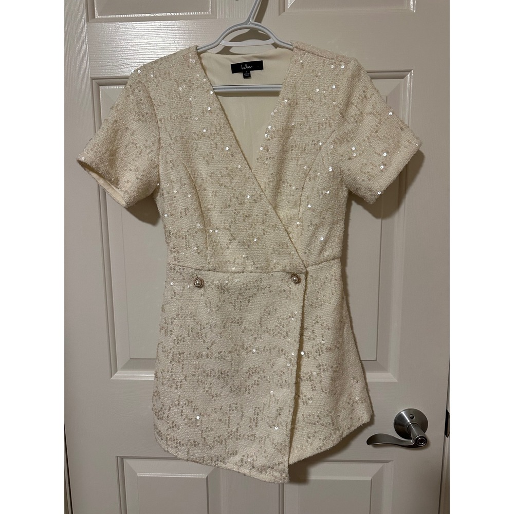 Lulus Romper Women S Cream Sequin Tweed Wrap Pearl Button Short Sleeve V-Neck